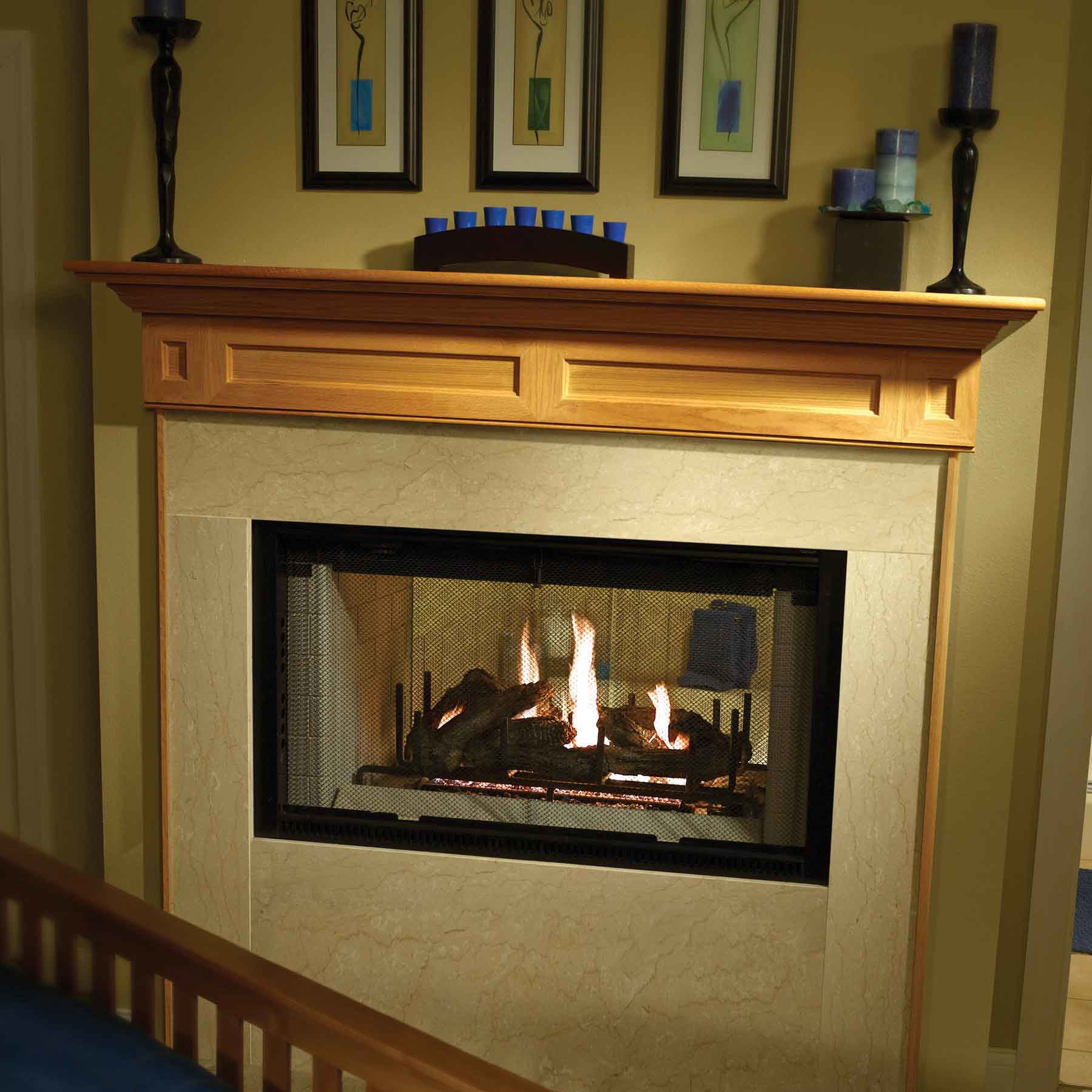 see through traditional wood fireplace